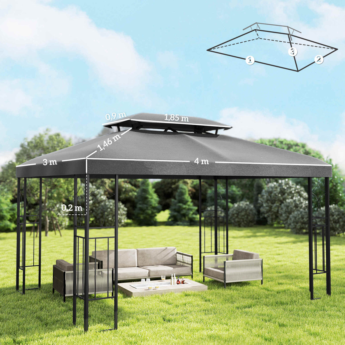 Outsunny Techo De Repuesto Para Cenador 4x3 M Techo Doble Anti-uv Gris Oscuro_2
