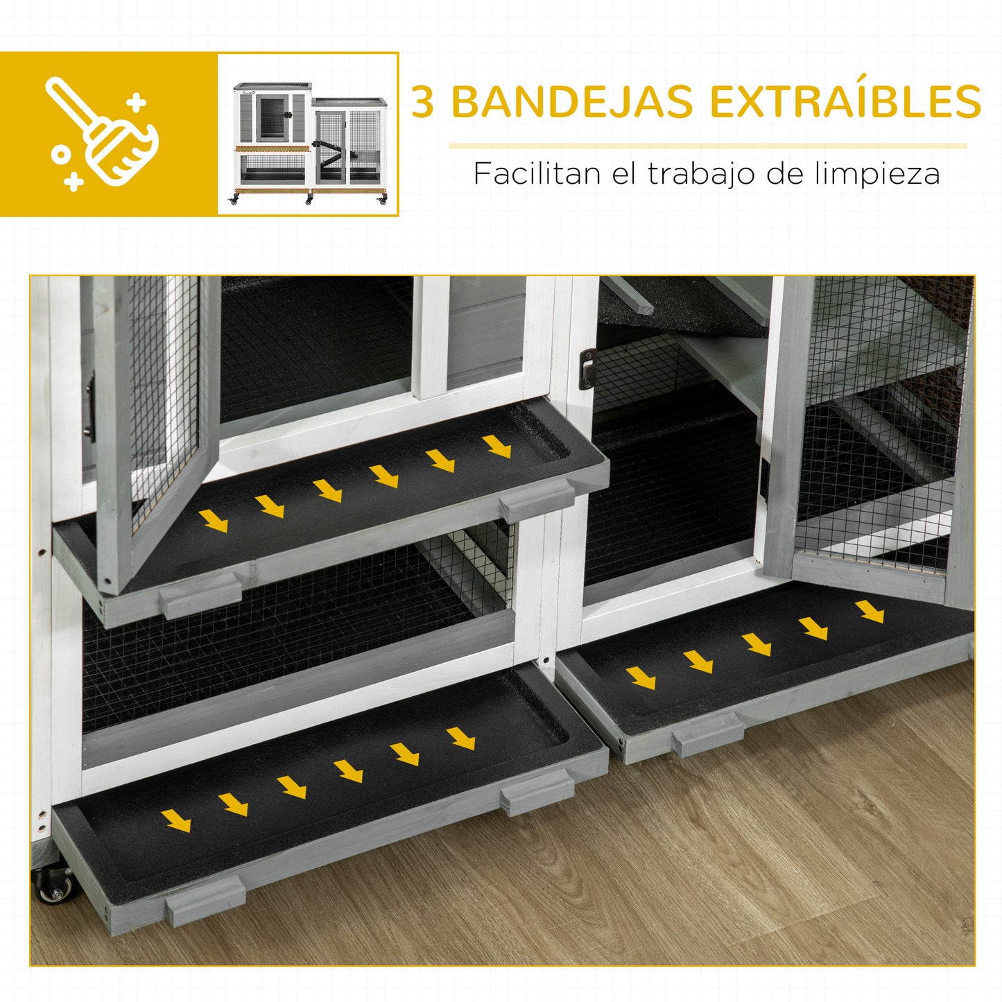 Pawhut Conejera De Madera Para Interior Con 6 Ruedas 110x50x86 Cm Gris_5