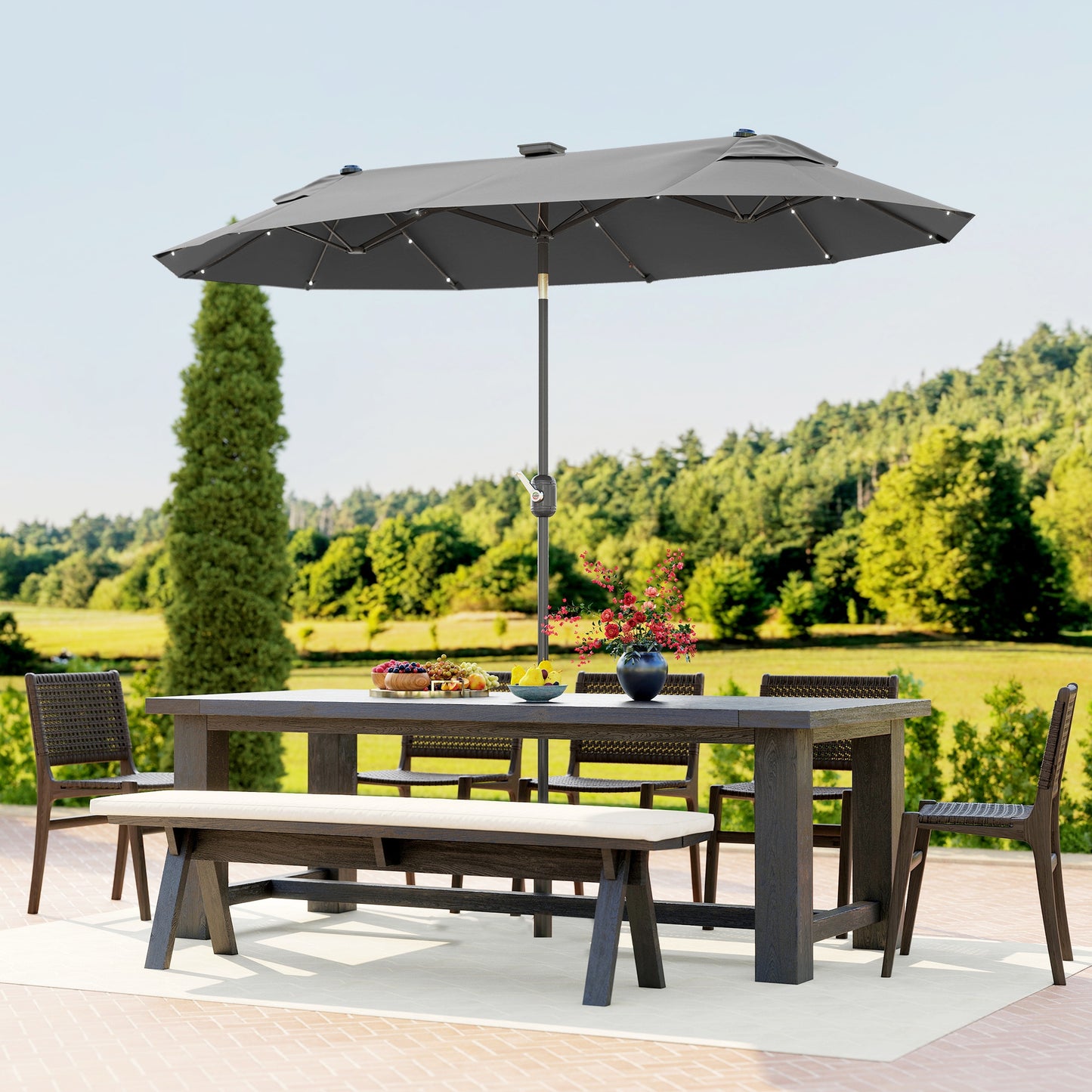 Outsunny Sombrilla Doble 295x150x219 Cm Con Luces Led Solares Gris_3