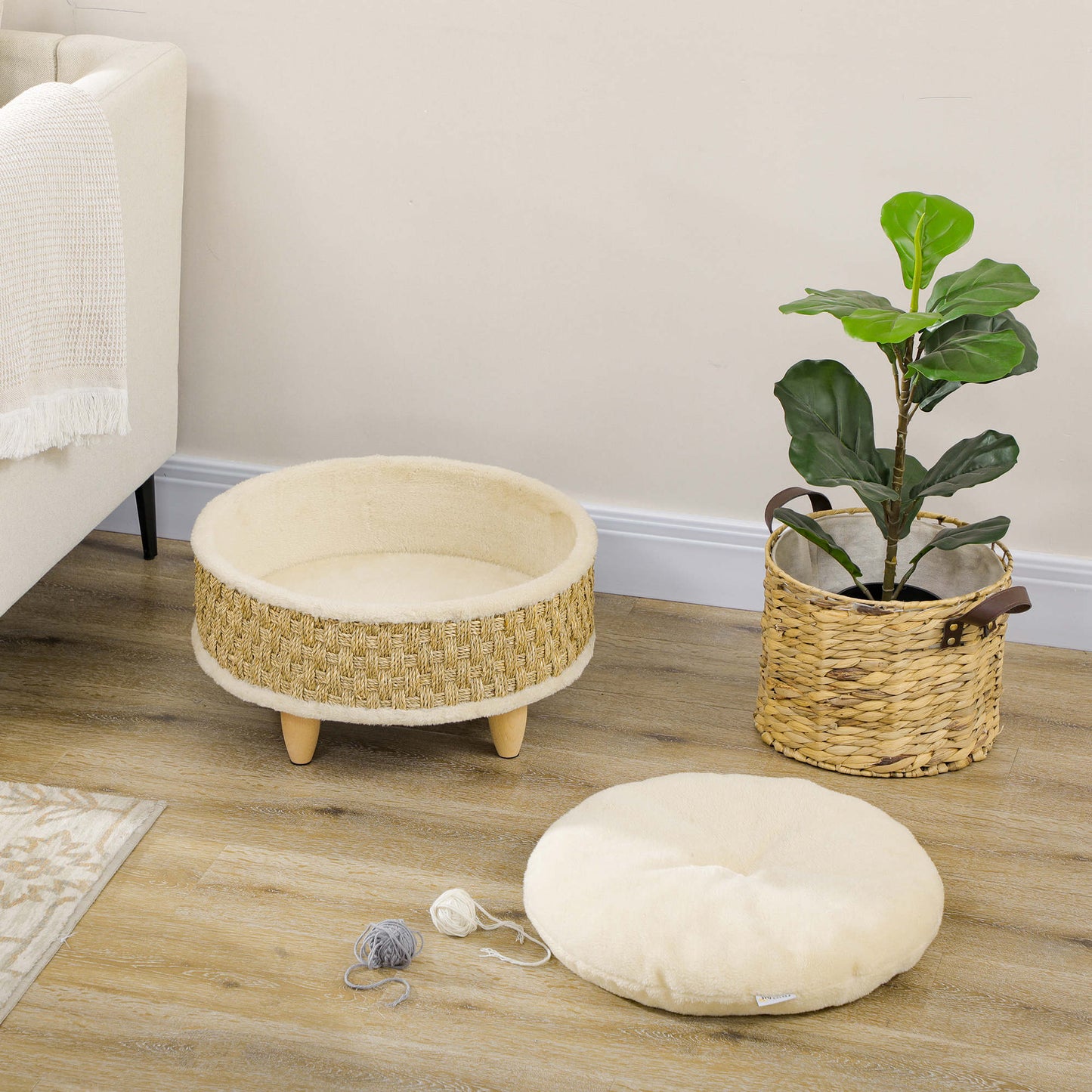 Pawhut Cama Elevada Para Perros Miniaturas Con Cojín Lavable Ø48x24,5 Cm Beige_1