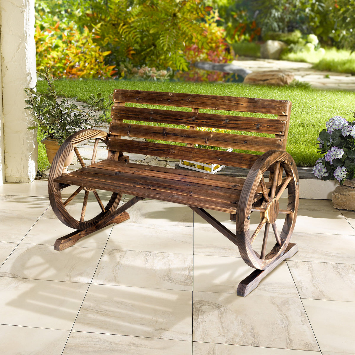 Outsunny Banco De Madera Con Apoyabrazos En Forma Rueda De Carro 105,5x59x75 Cm_1