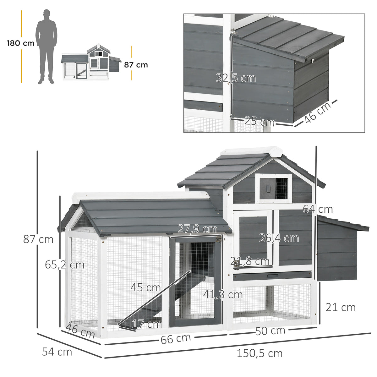 Pawhut Gallinero De Madera Para Exterior Corrales Alambre 150,5x54x87cm Gris_2