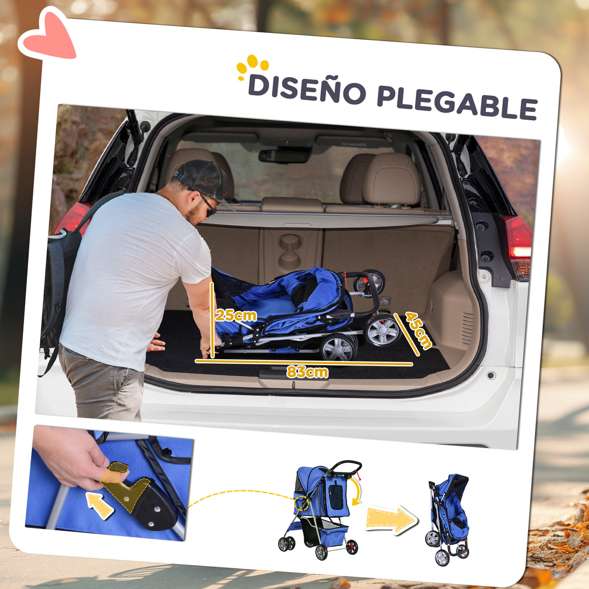 Pawhut Carrito Para Perros Plegable Con Toldo Ajustable 75x45x97 Cm Azul_4