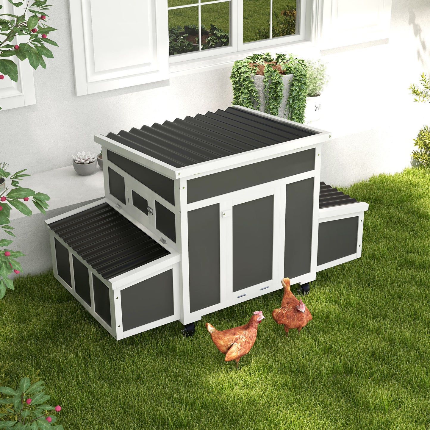 Pawhut Gallinero De Madera 147x93,5x89,5 Cm Con Bandeja Extraíble Gris Oscuro_1