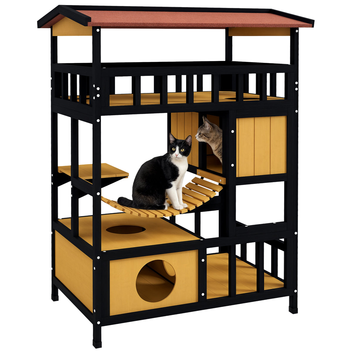 Pawhut Caseta Para Gatos De Madera 84x60x116 Cm Con Puente Colgante Natural_0