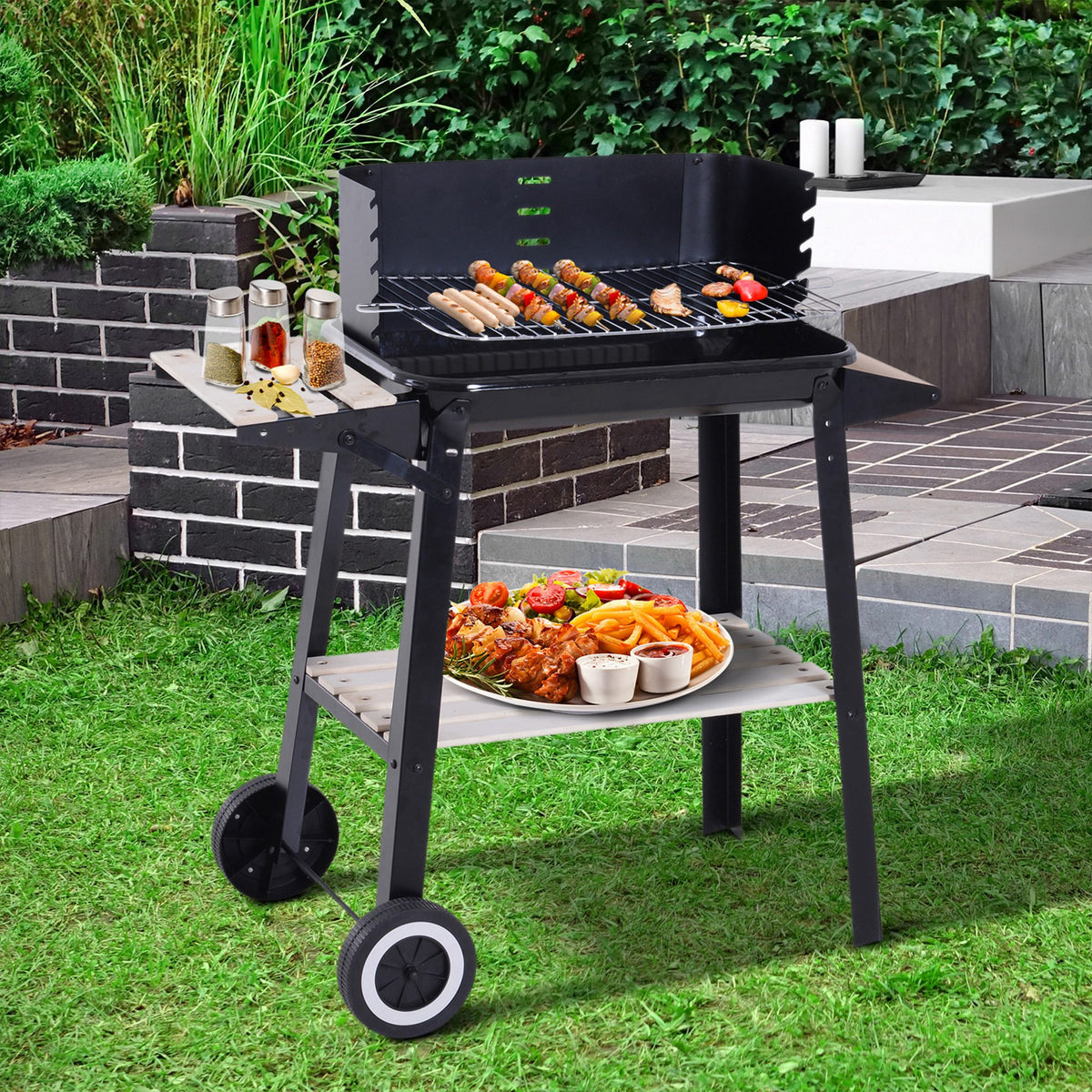 Outsunny Barbacoa Carbón Altura Parrillas Ajustable Estantes Ruedas 83x46x87 Cm_1