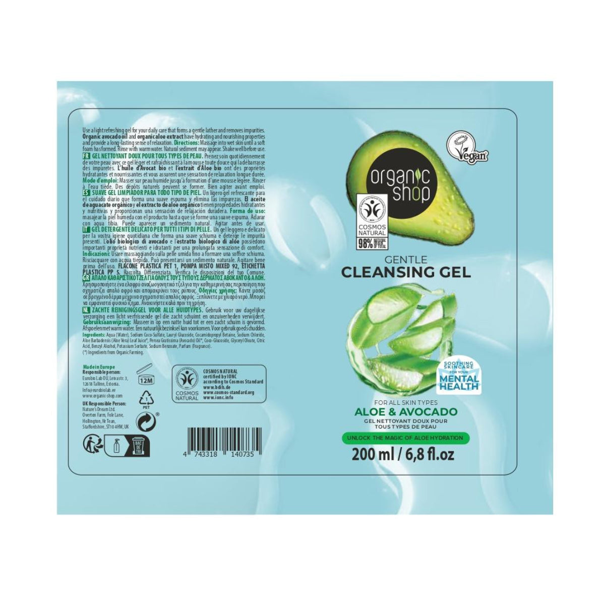 Gel limpiador suave aloe y aguacate Organic Shop 200 ml