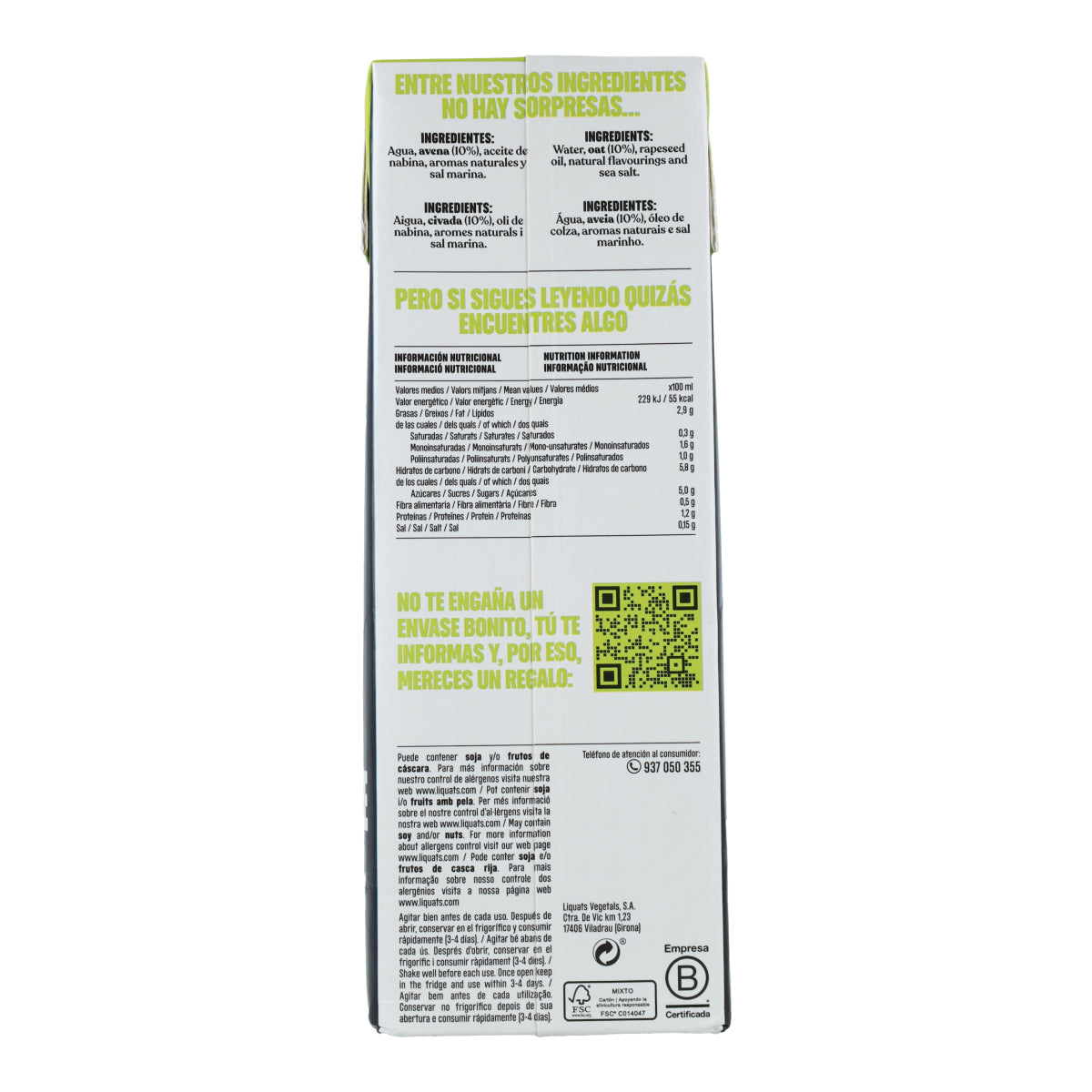 Bebida Barista Pistacho y Avena sin gluten YOSOY 1L