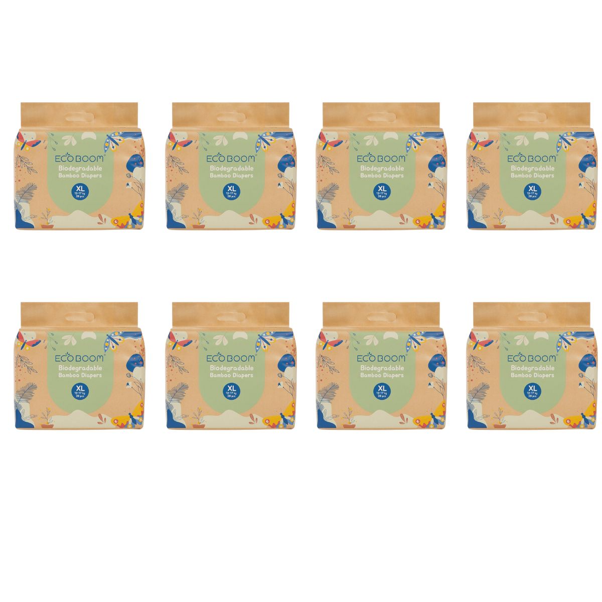ECOBOOM - Pañal Ecológico de BAMBÚ Eco Boom. 70% Biodegradable, Hipoalergénico (TALLA 5/XL, 12-17 KG, PACK 8 BOLSAS, TOTAL 224 PAÑALES)