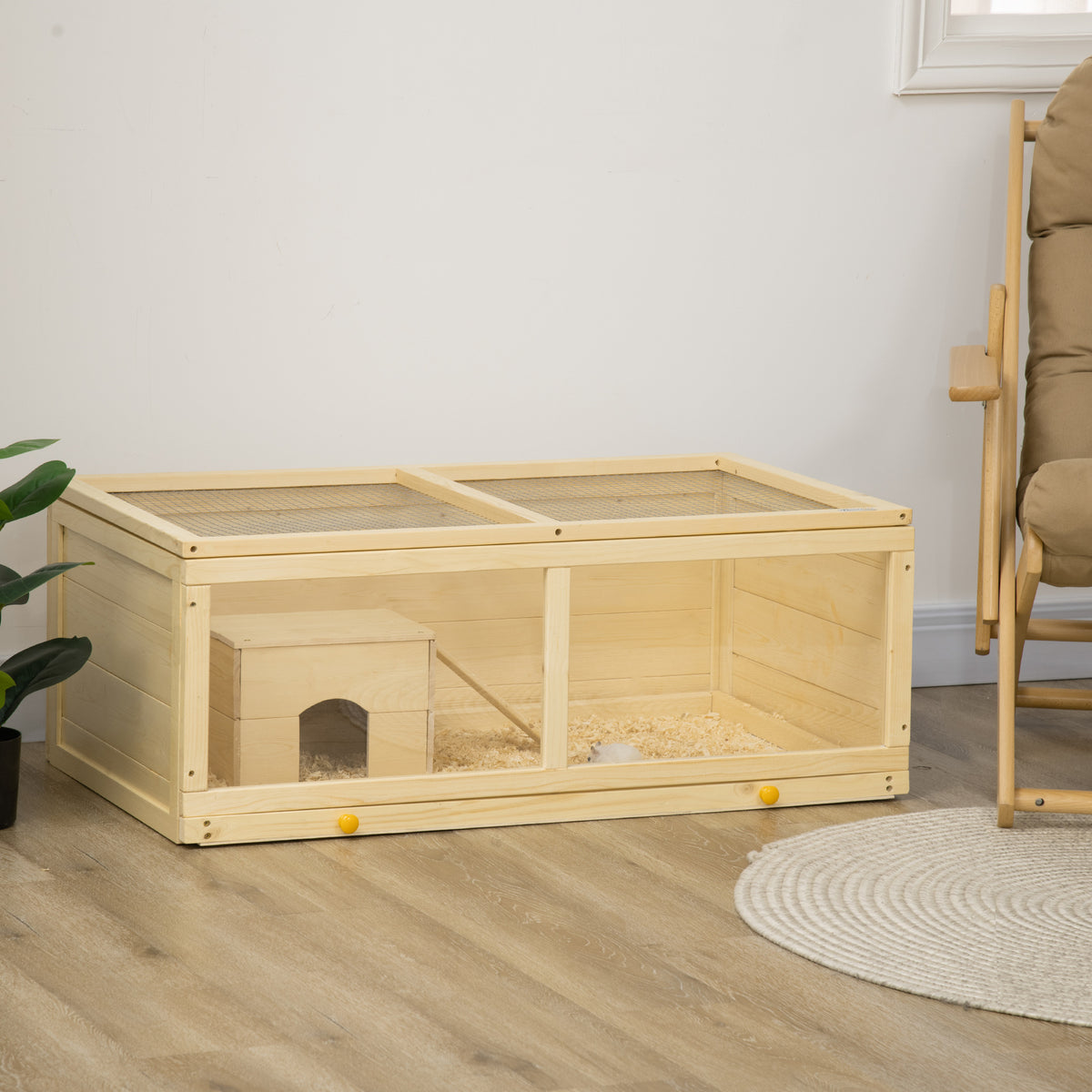 Pawhut Jaula Para Hámster De Madera 100x58x38 Cm Con Tapa Abatible Natural_1