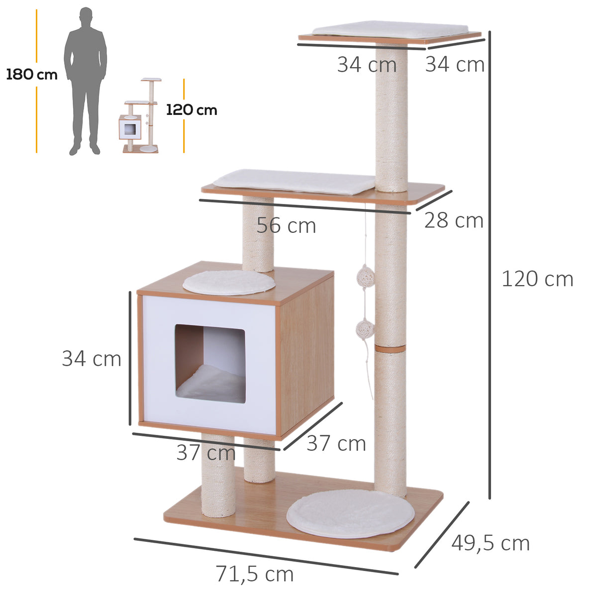 Pawhut Árbol Rascador Gatos De Madera 71,5x49,5x120 Cm Con Cueva Postes De Sisal_2