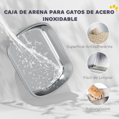Pawhut Arenero Para Gatos De Acero Inoxidable Xl Con Tapa Abatible Pala Blanco_3