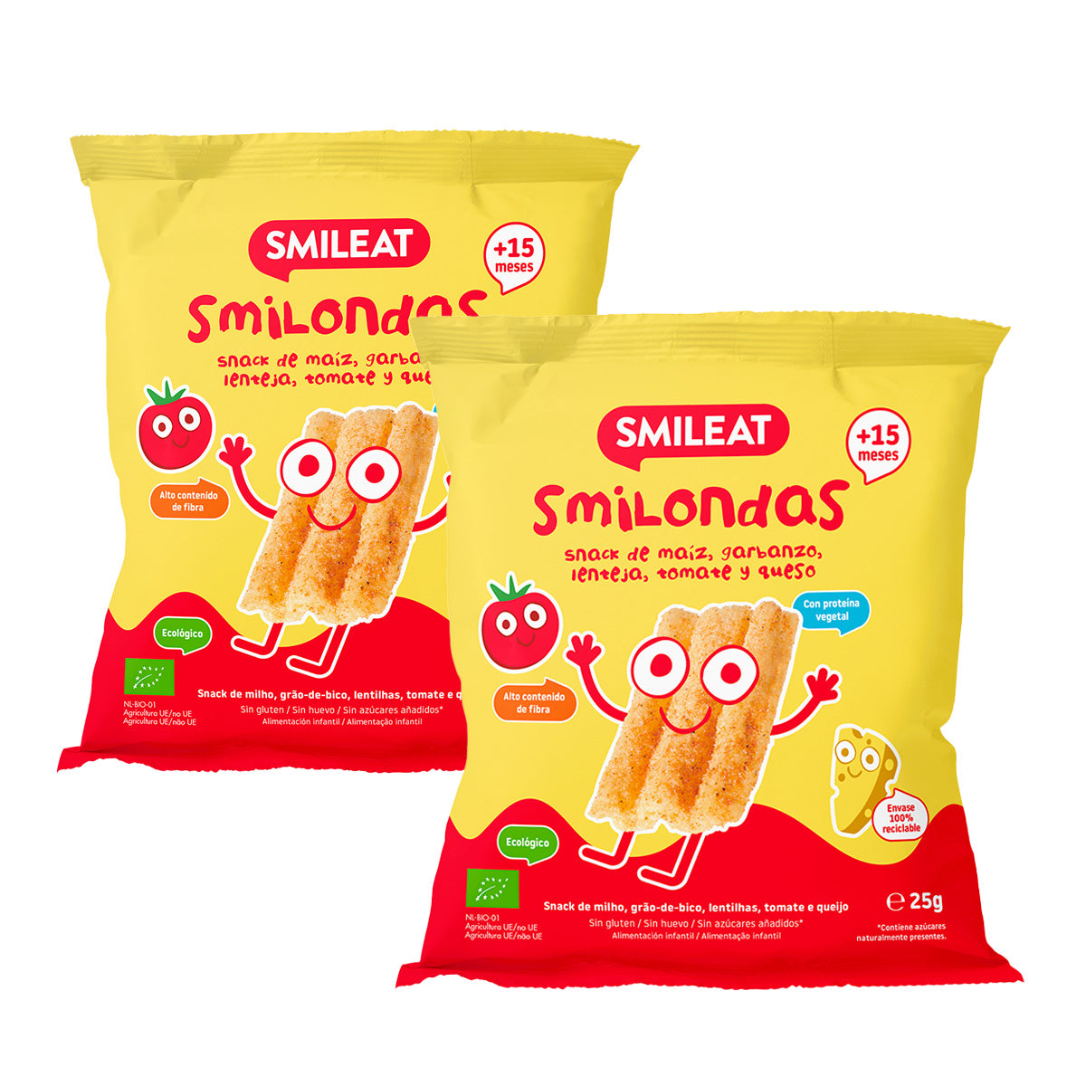 Pack 2x Smilondas Snack de Maiz, garbanzo, lenteja, Tomate y Queso Eco, Smileat, 25 g