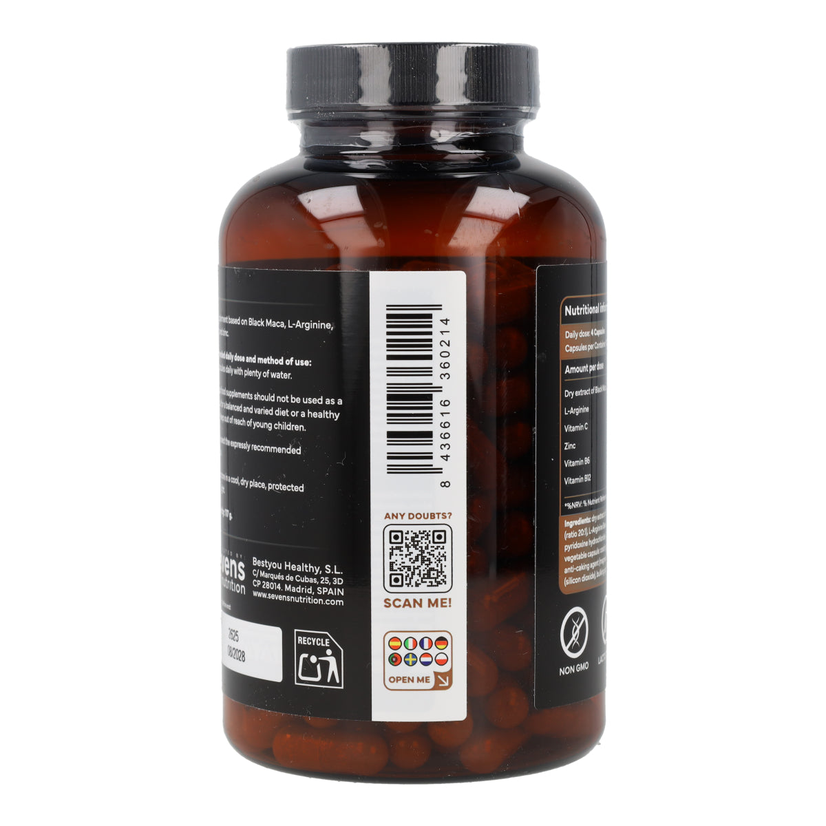 Maca Negra con L Arginina Zinc y Vitaminas B6 B12 y C Sevens Nutrition 180 cápsulas