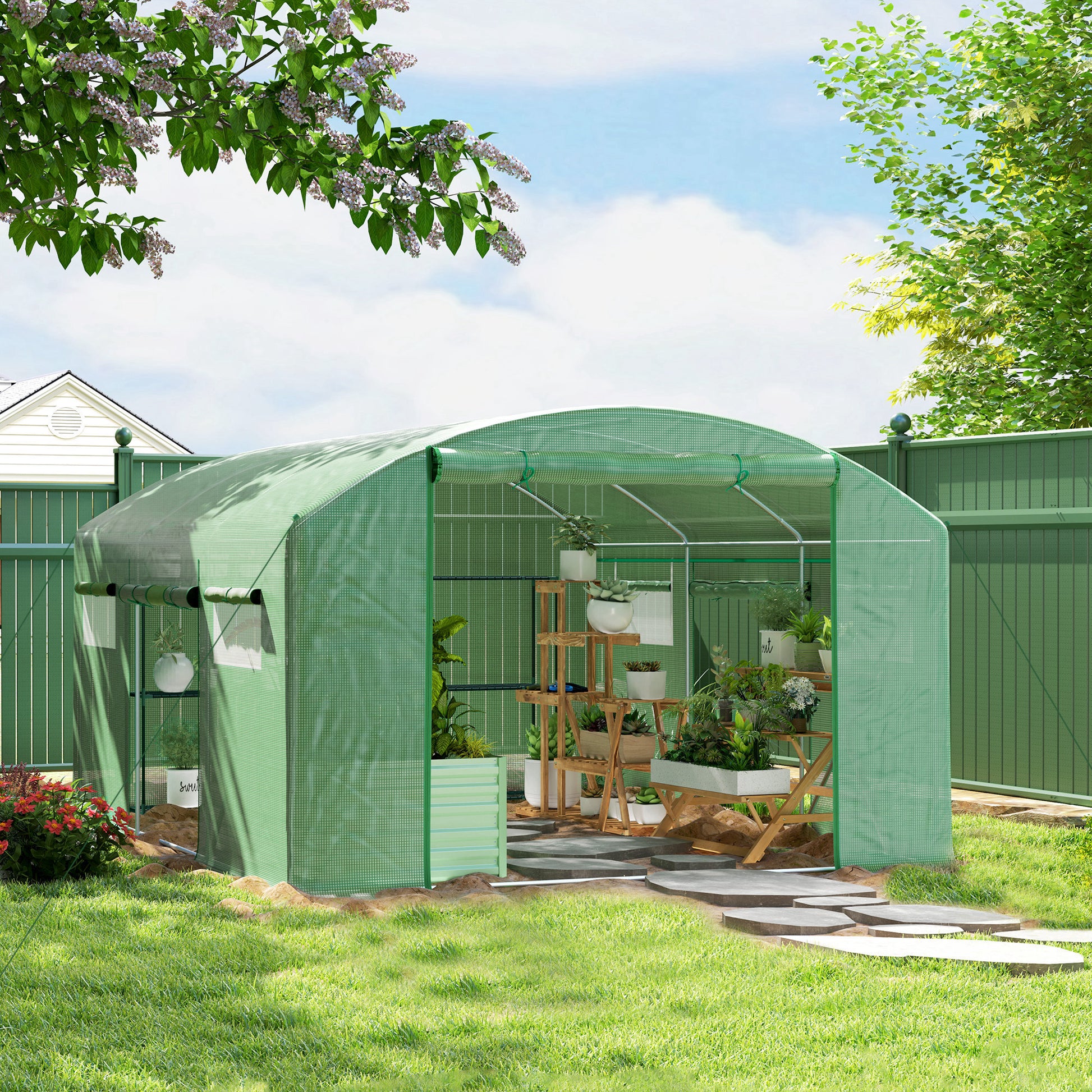 Outsunny Invernadero De Túnel 4x3x2 M Con 6 Ventanas 3 Puertas Enrollables Verde_1