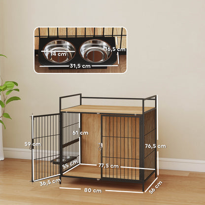 Pawhut Jaula Para Perros Mesa Auxiliar Con Soporte Giratorio Con 2 Tazones Roble_2