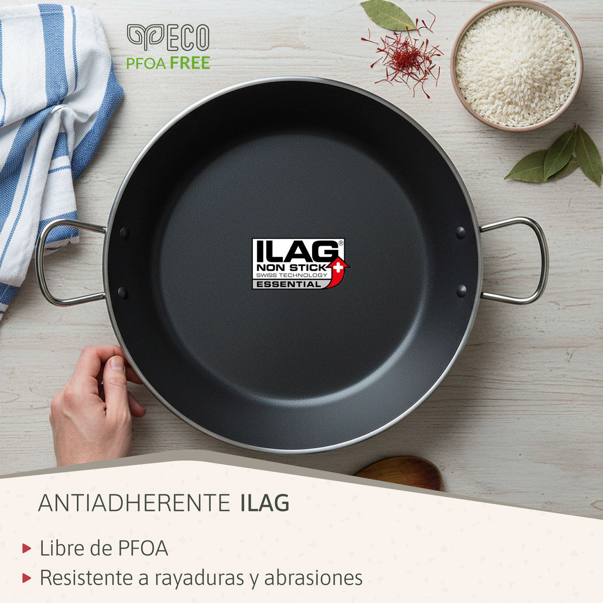 Briebe Paellera Inducción 46cm, 11-12 Raciones, Aluminio Prensado, Antiadherente Sin Pfoa, 3mm Espesor, Zafrán, Negro_3