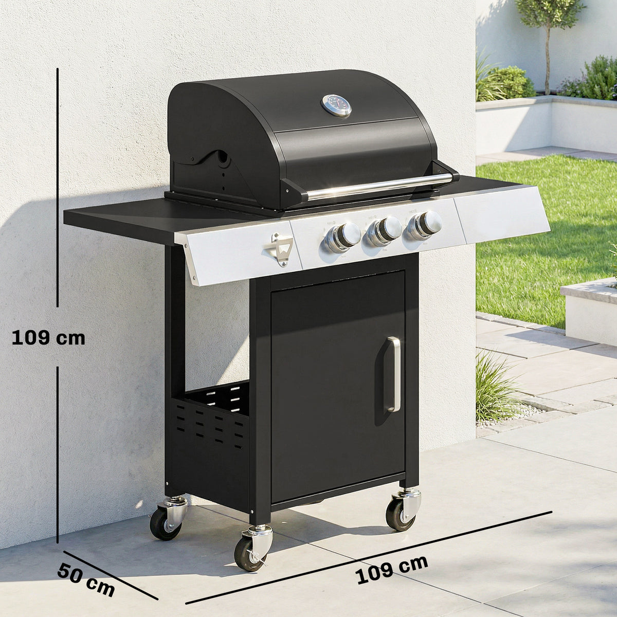 Outsunny Barbacoa De Gas Con 3 Quemadores 8,1 Kw Termómetro Mesas Laterales_2