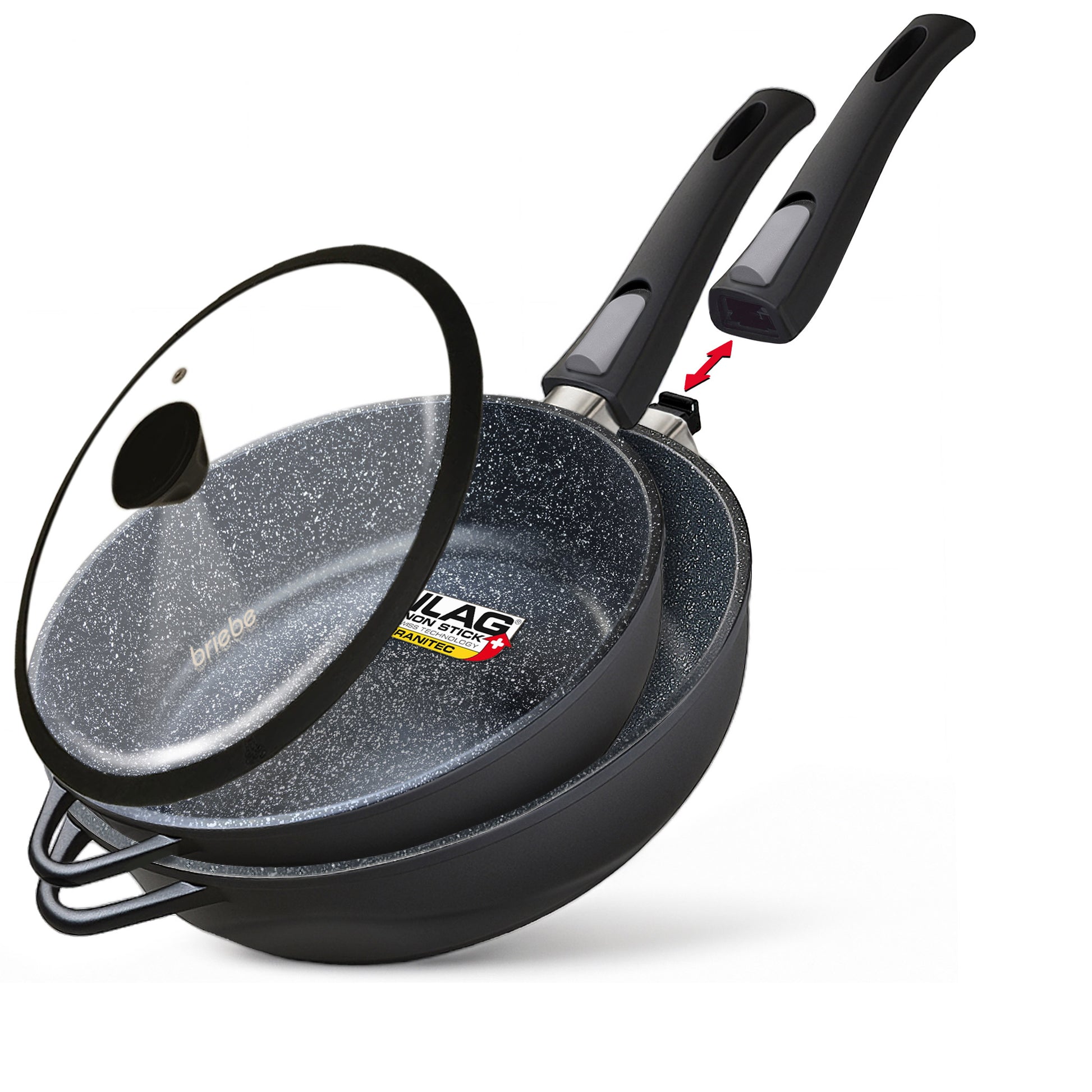 Briebe Set 2 Sartenes Inducción Antiadherentes, Mango Extraíble, Hondas, 24/ 28 Cm Sin Pfoa, Tapas, Mgk19s, Negro_0