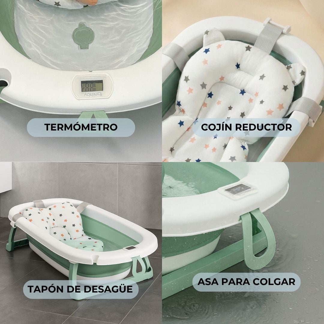 Bathby Bañera Bebé Plegable Verde, Cojín Reductor, Termómetro, Pies Antideslizantes (verde Pastel)_2