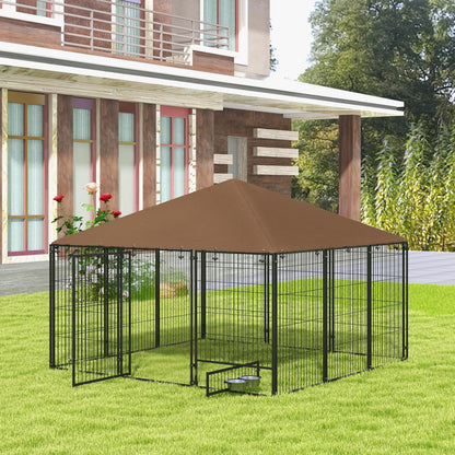 Pawhut Perrera Con Toldo Y 2 Cuencos Para Exterior 211x211x151 Cm Negro Y Café_1