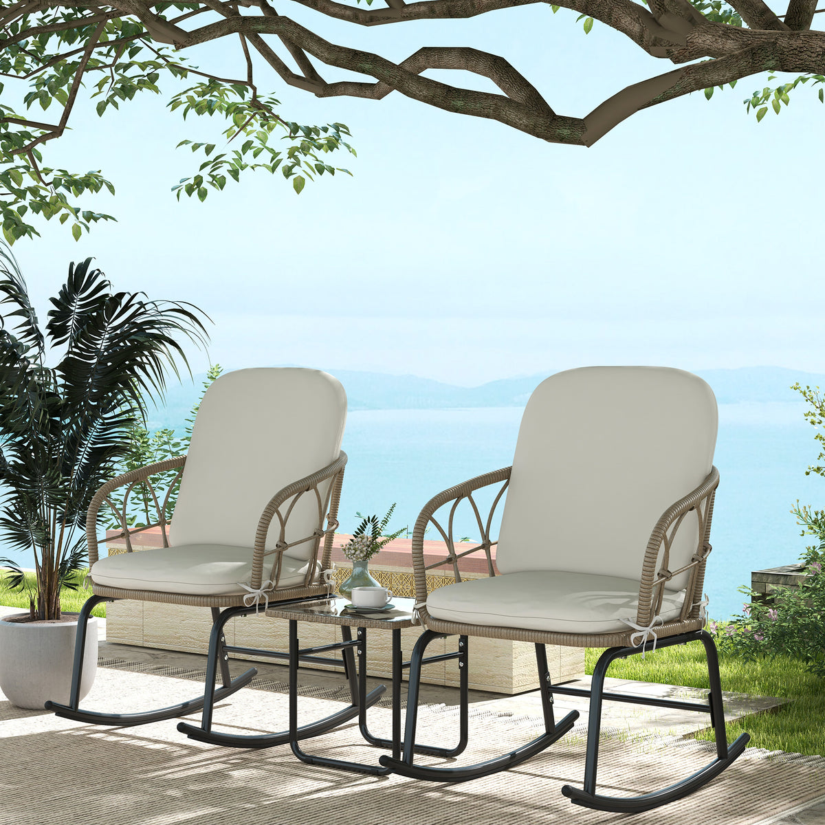 Outsunny Conjunto De Muebles De Ratán De 3 Piezas Para Jardín Crema Y Beige_1