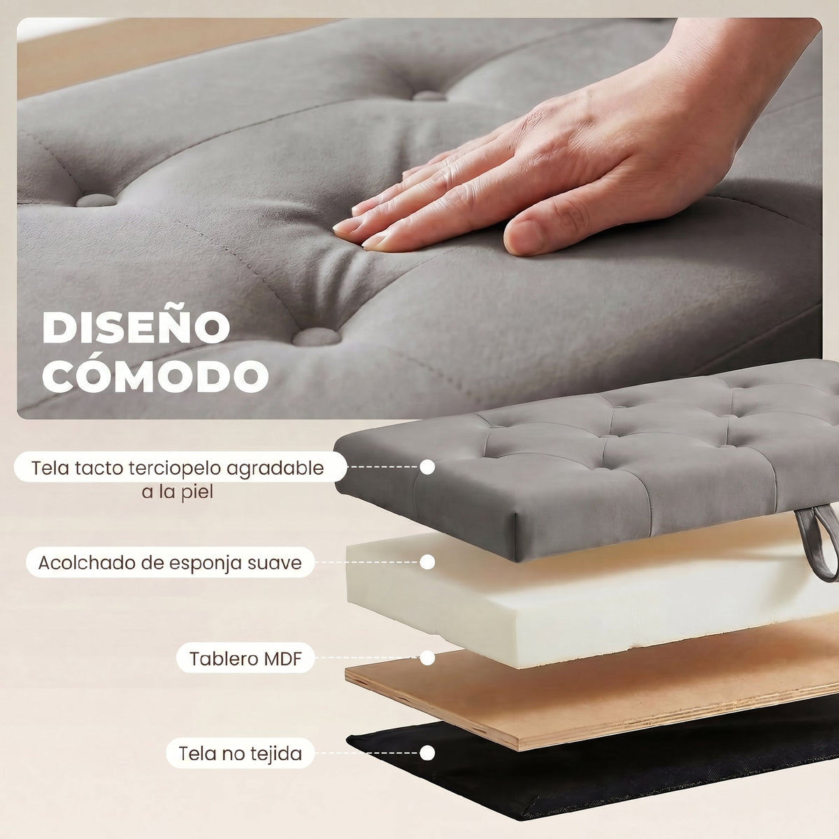 Banco De Almacenaje Homcom Terciopelo Gris 137x41x42 Cm_4