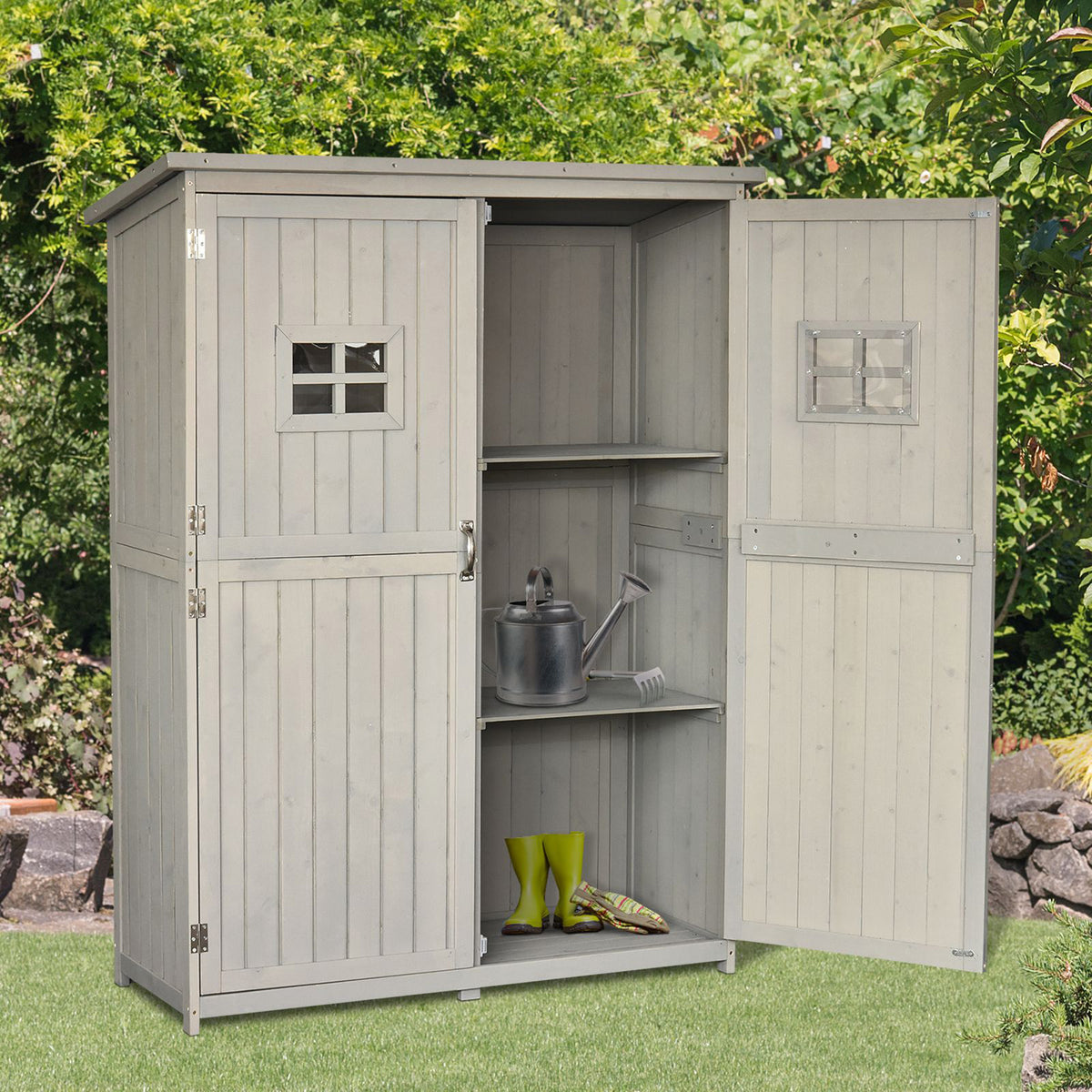 Outsunny Cobertizo De Madera Caseta Jardín Con Estantes 127,5x50x164 Cm Gris_1