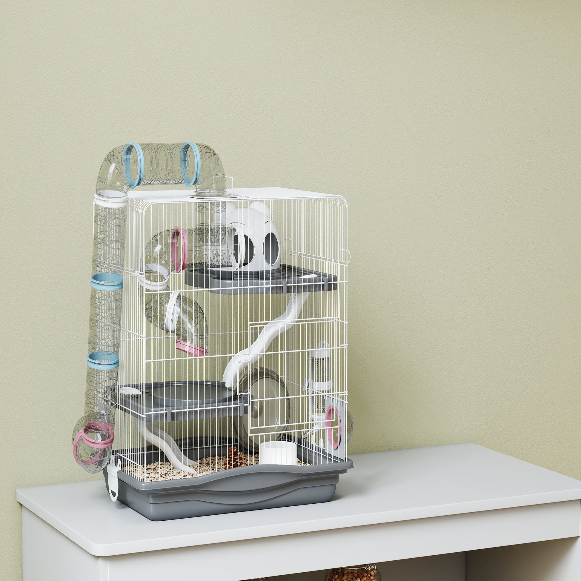 Pawhut Jaula Para Hámster Con Plataformas Rueda Túnel Comedero 45x30x45 Cm Gris_3