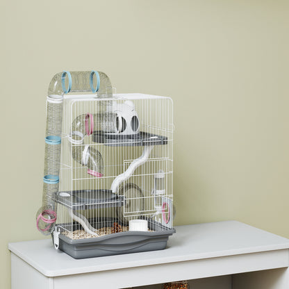 Pawhut Jaula Para Hámster Con Plataformas Rueda Túnel Comedero 45x30x45 Cm Gris_3