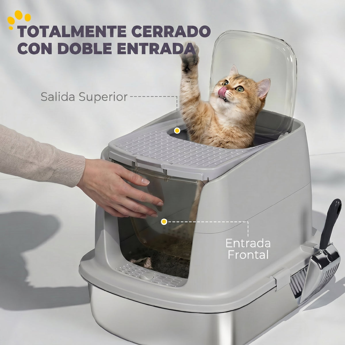 Pawhut Arenero Para Gatos De Acero Inoxidable L Con Tapa Abatible Gris Claro_4