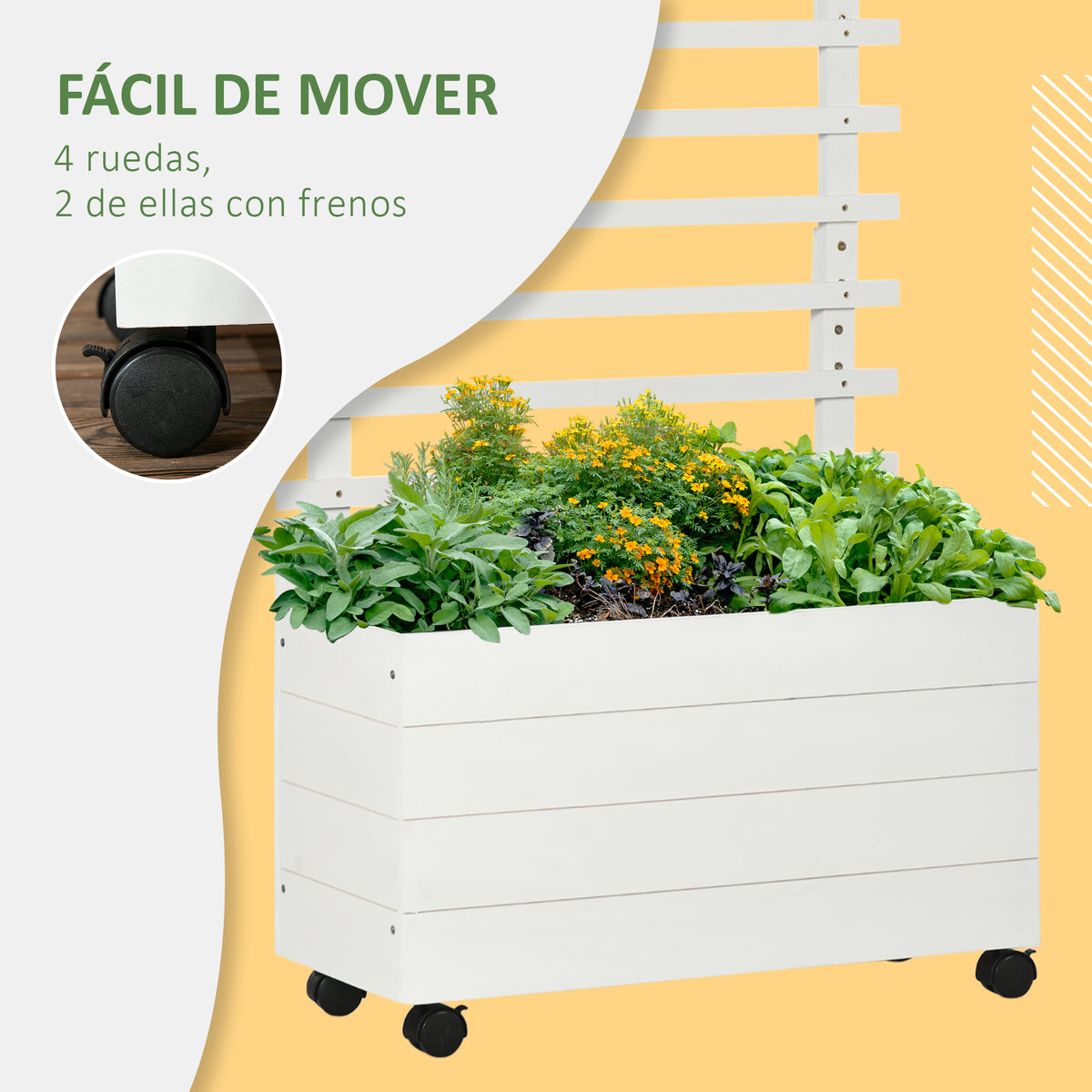 Outsunny Jardinera Con Enrejado Madera Con Ruedas Soporte Para Trepadora Blanco_5