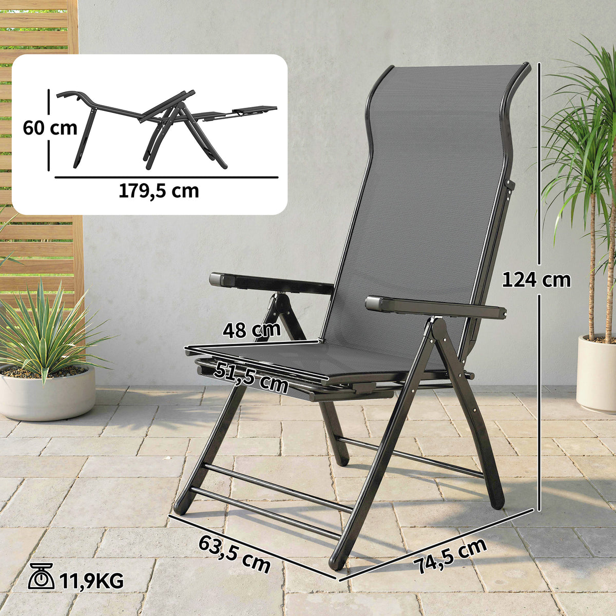 Outsunny Pack De 2 Sillas Plegables Reclinables Con Respaldo Alto Ajustable Gris_2