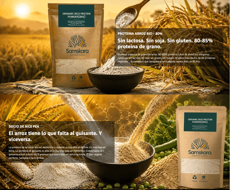 Proteína de arroz fermentado ecológica - 1 kg | Proteína vegana de origen vegetal para batidos y repostería, Samskara_3