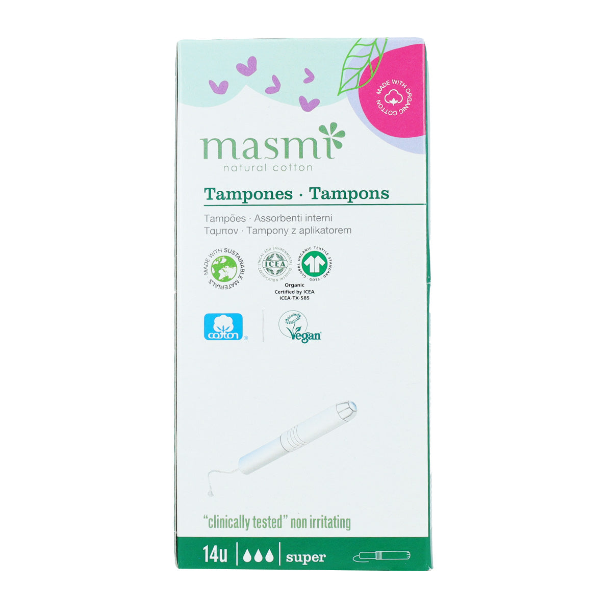 Tampón súper con aplicador algodón ECO Masmi, 14 unidades