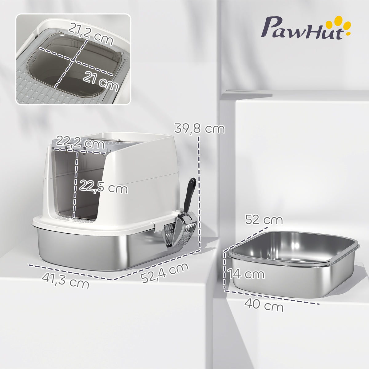 Pawhut Arenero Para Gatos De Acero Inoxidable L Con Tapa Abatible Blanco_2