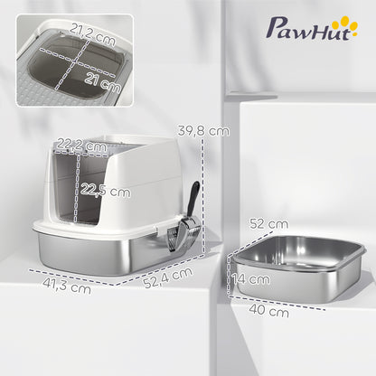 Pawhut Arenero Para Gatos De Acero Inoxidable L Con Tapa Abatible Blanco_2