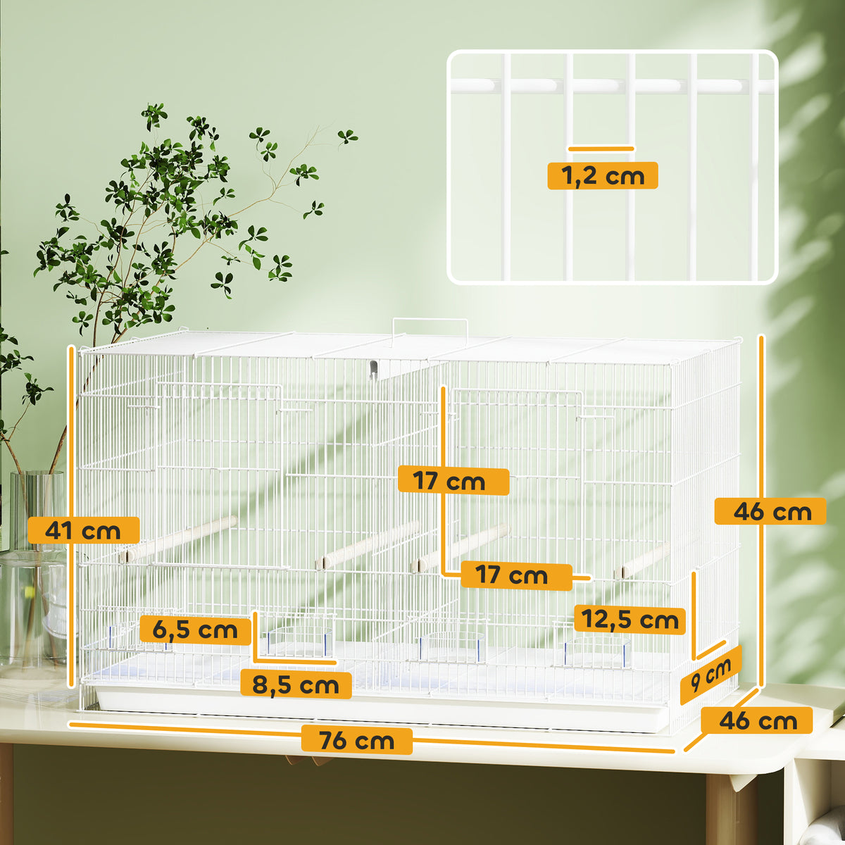 Pawhut Jaula Para Pájaros Con Divisor 4 Comederos 4 Perchas 76x46x46 Cm Blanco_2