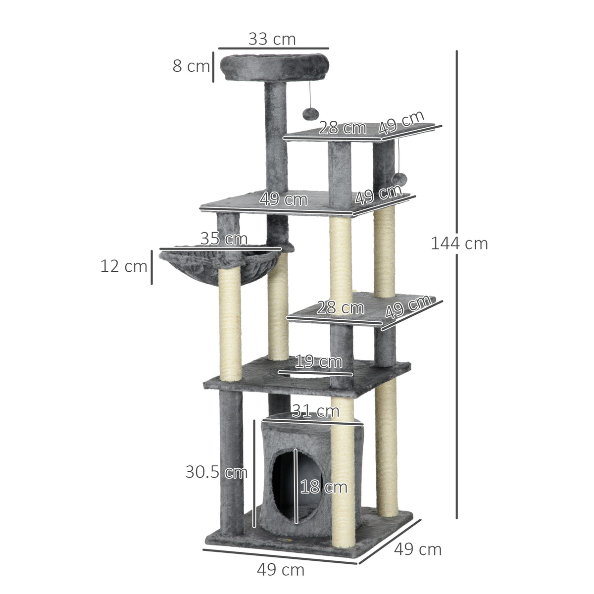 Pawhut Árbol Rascador Para Gatos Grande De 144 Cm Con Postes 49x49x144 Cm Gris_2