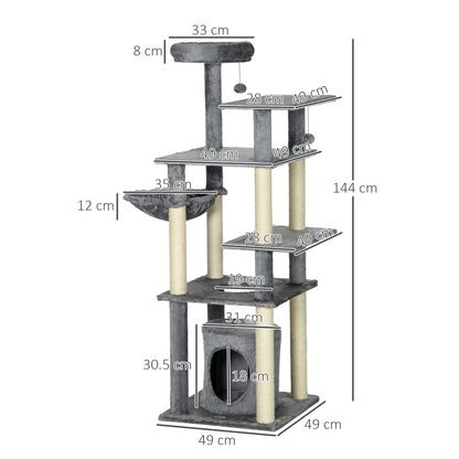Pawhut Árbol Rascador Para Gatos Grande De 144 Cm Con Postes 49x49x144 Cm Gris_2