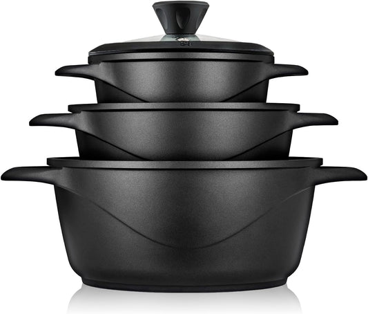 Briebe Batería De Cocina Inducción 6 Piezas Aluminio Fundido 3 Ollas Con Tapa De Cristal Antiadherente, Mgk-18s, Negro_0