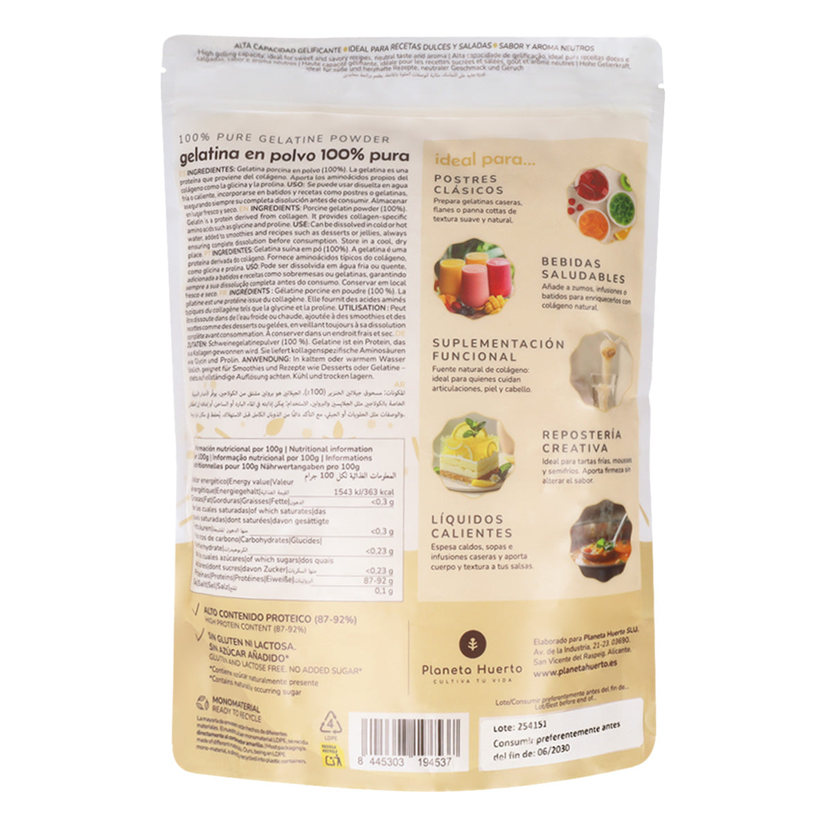 Pack 2x Gelatina neutra en polvo fuente de colágeno Planeta Huerto 1 Kg