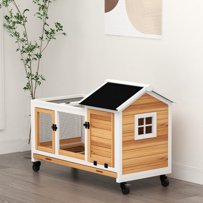 Pawhut Conejera De Madera Con Ruedas Techo Abatible 108x58x73,5 Cm Natural_1