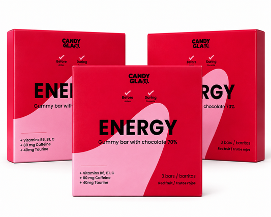 Candyglam Energy | Gummy Bar Energética Vegana Con Chocolate 70% | Cafeína + Taurina + Vitaminas | Pack 9 Barritas_0