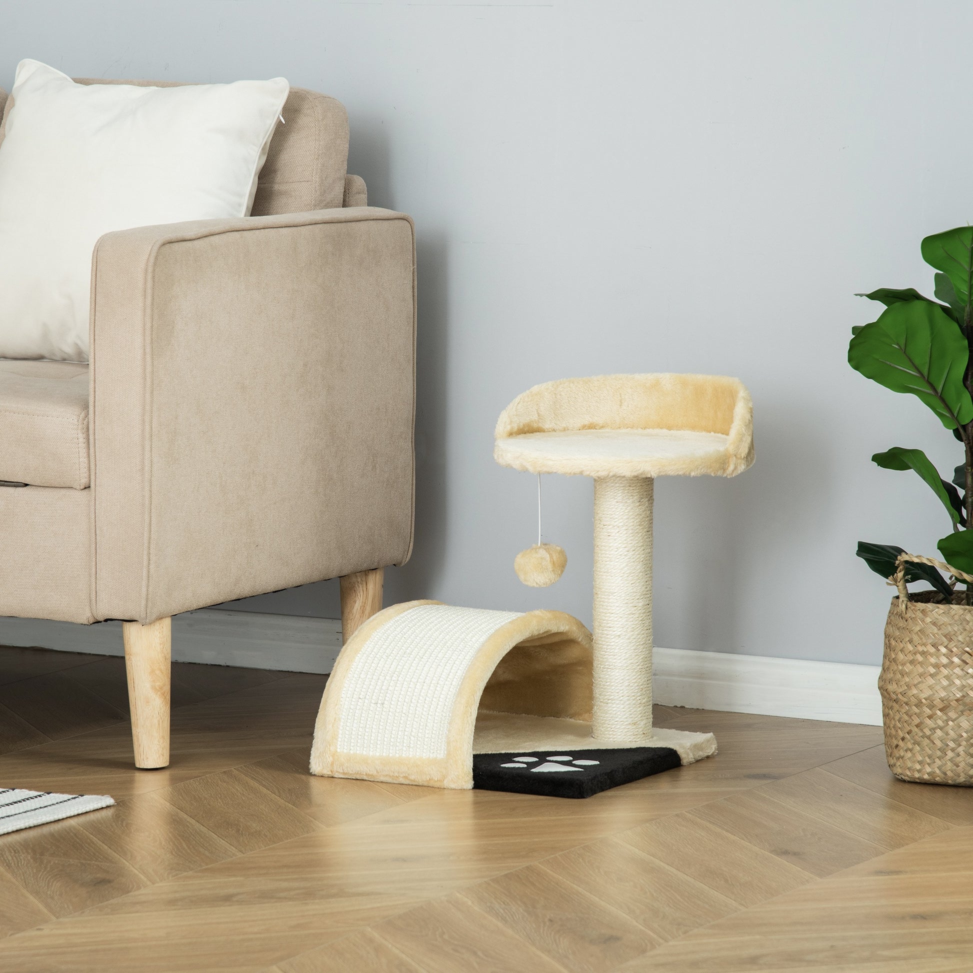 Pawhut Árbol Rascador Para Gatos 2 Niveles Con Poste Tablero Para Rascar Beige_1