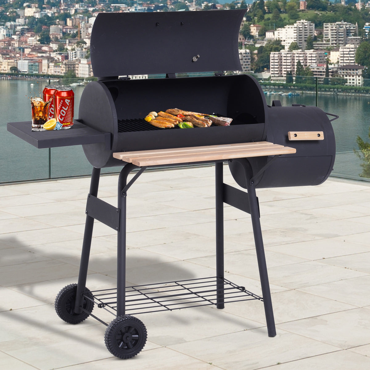 Outsunny Barbacoa De Carbón Con Termómetro Ruedas Estantes Madera 124x53x108cm_1