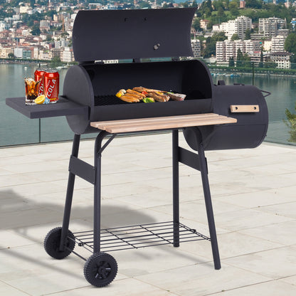Outsunny Barbacoa De Carbón Con Termómetro Ruedas Estantes Madera 124x53x108cm_1