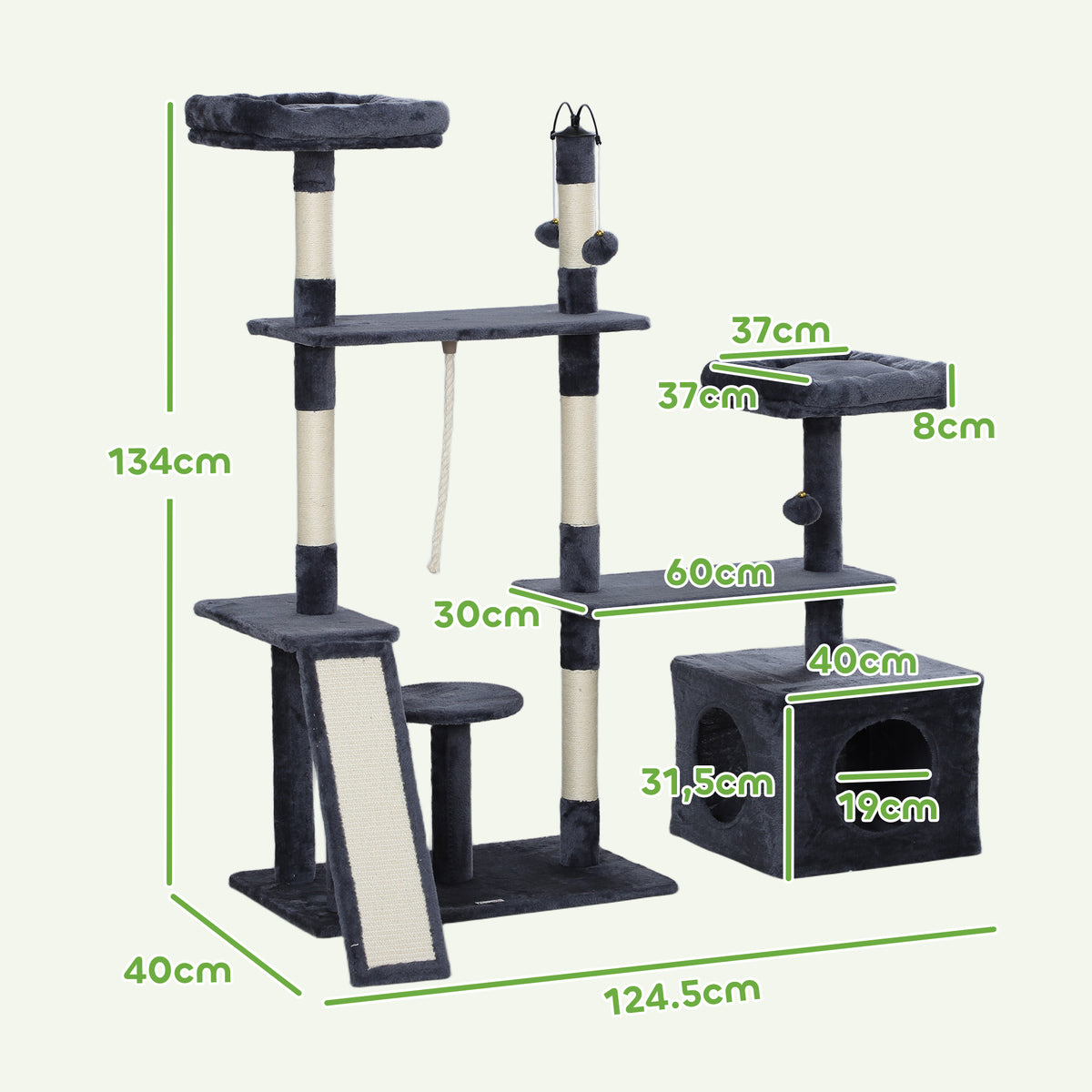 Pawhut Árbol Rascador Para Gatos 134 Cm Con Nidos Plataformas Gris Oscuro_2
