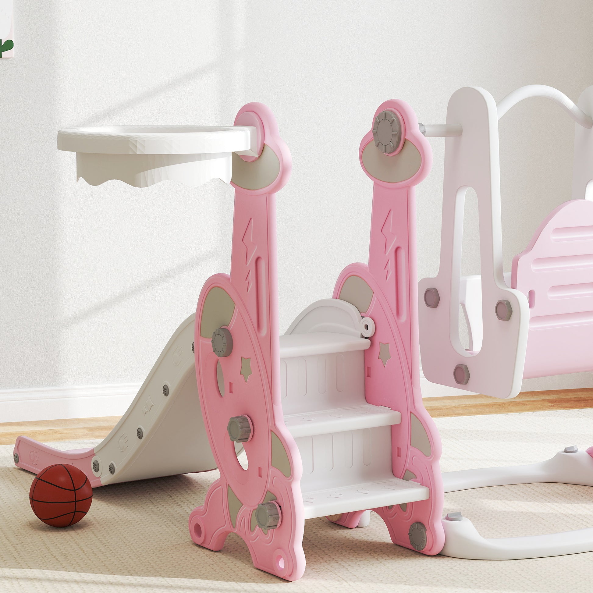 Aiyaplay Tobogán Infantil 4 En 1 Con Columpio Y Tobogán Para Interior Rosa_4