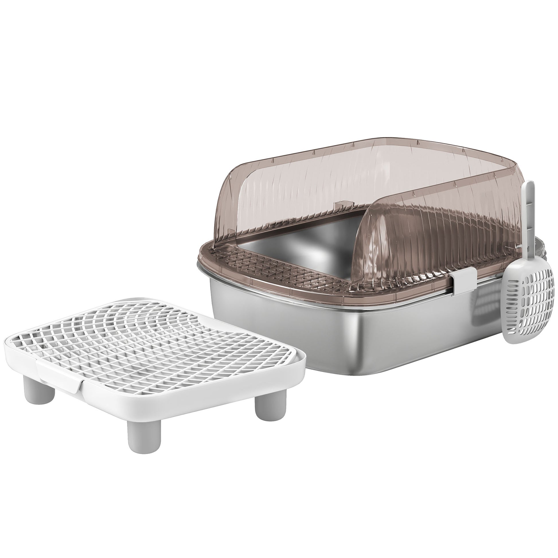 Pawhut Arenero Para Gatos Cubierto Con Bandeja De Acero Pala Y Peldaño Gris_0
